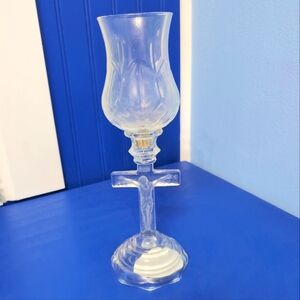 Vintage Jesus Christian Crucifix Clear Glass Candle Holder